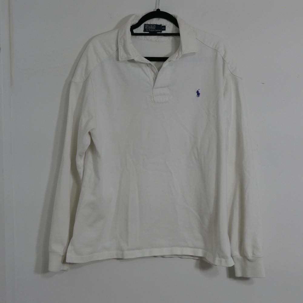 Polo Ralph Lauren Mens Rugby Shirt XL White Preppy Elbow Patch Long Sleeve